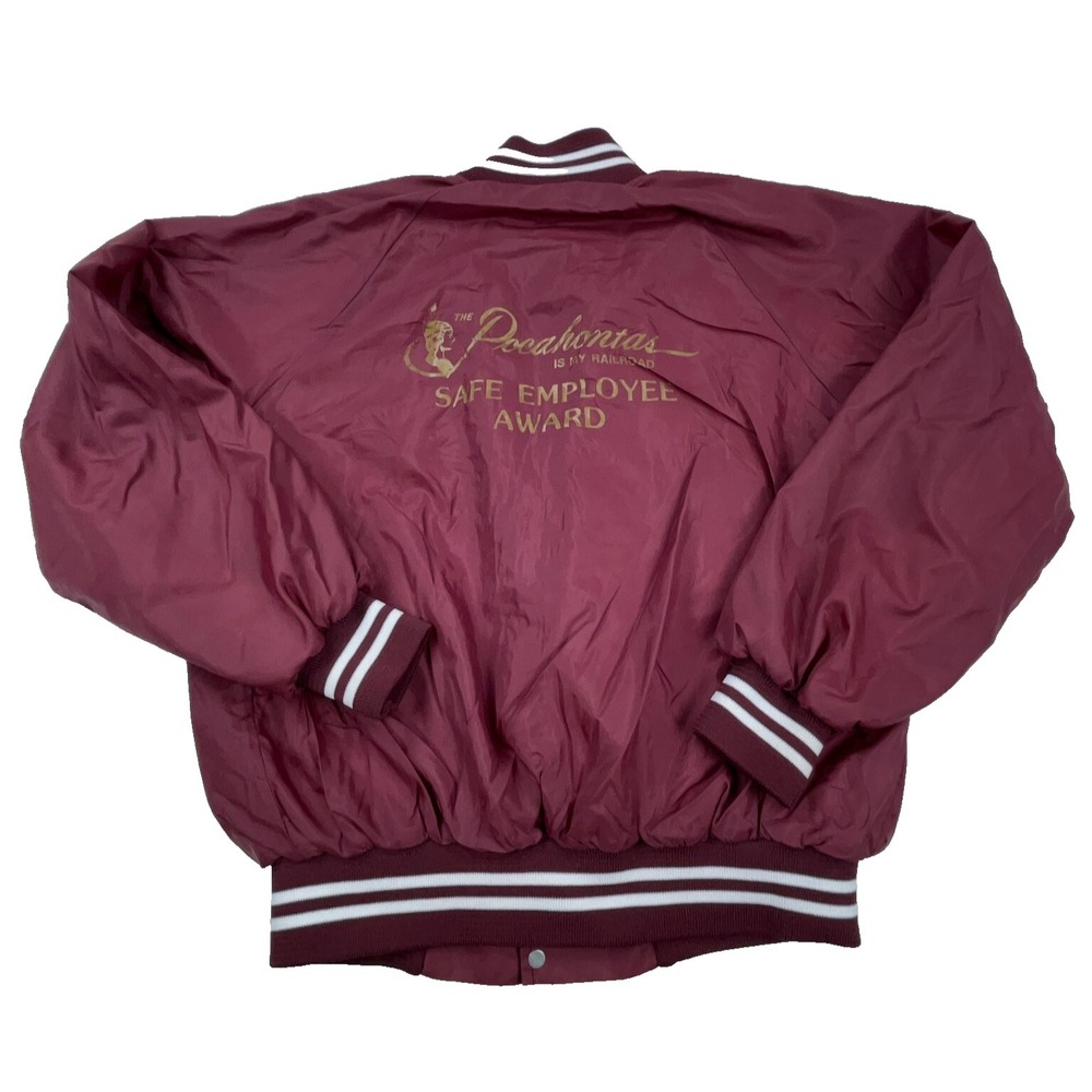 Vintage Pocahontas Railroad Satin Jacket Men Large Maroon Bomber USA 80s 90s USA